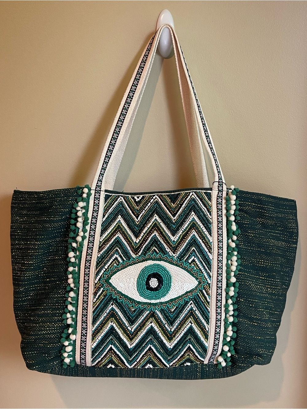Green Embroidered Eye Tote Bag with Cream Straps